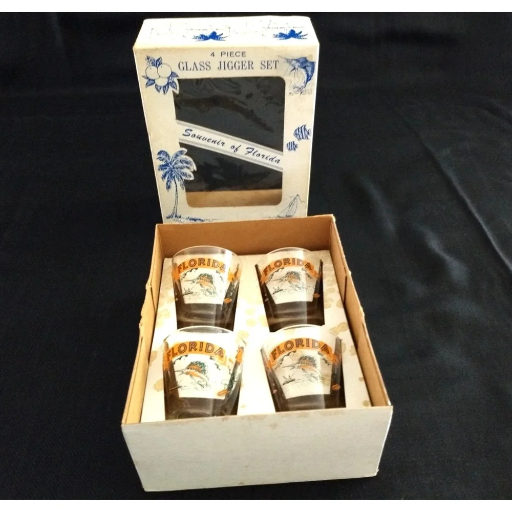 Florida Souvenir Shot Glasses Vtg Carrib Set of 4 Original Box Marlin Sunshine